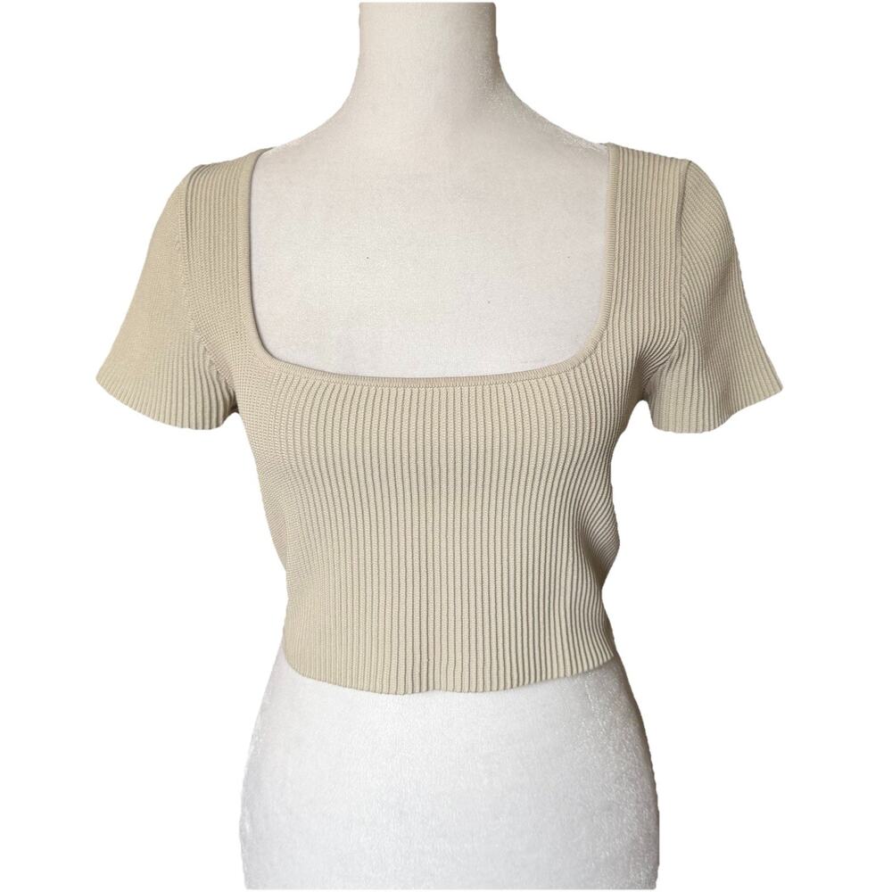 Babaton Womens Medium Sculpt Knit Square Neck Top Ribbed Cropped Cream Aritizia